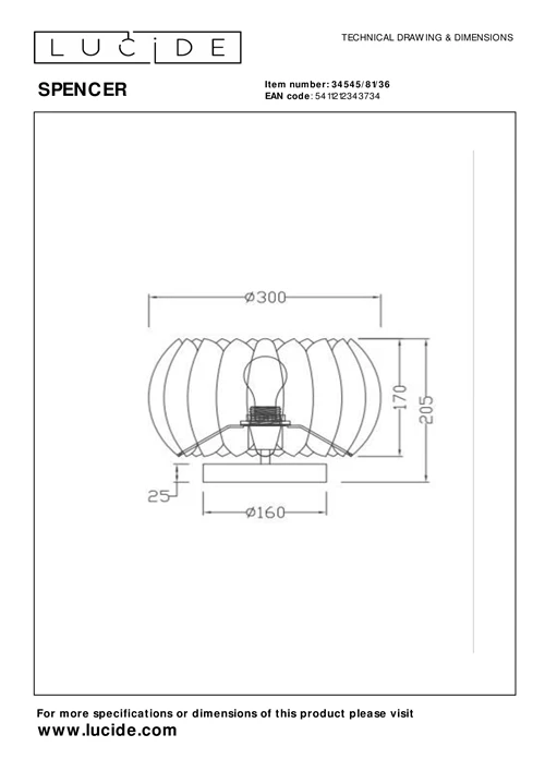 Lucide SPENCER - Tafellamp - Ø 30 cm - 1xE27 - Grijs - technisch